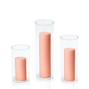 Centrepiece Sets | Peach 5cm Pillar in 8cm Glass Set – Med Candles Centrepiece Sets