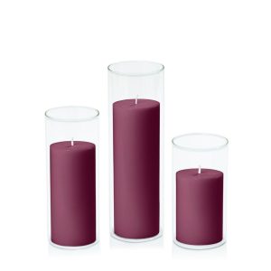 Centrepiece Sets | Plum 7cm Pillar in 8cm Glass Set – Med Candles Centrepiece Sets