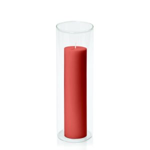 Centrepiece Sets | Red 5cm x 20cm Pillar in 8cm x 25cm Glass Candle & Glass Sets Centrepiece Sets