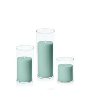 Centrepiece Sets | Sage Green 7cm Pillar in 8cm Glass Set – Sm Candles Centrepiece Sets