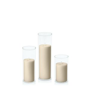 Centrepiece Sets | Sandstone 5cm Pillar in 5.8cm Glass Set – Med Candles Centrepiece Sets