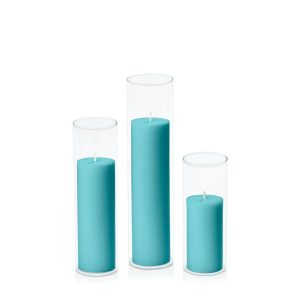 Centrepiece Sets | Teal 5cm Pillar in 5.8cm Glass Set – Lg Candles Centrepiece Sets