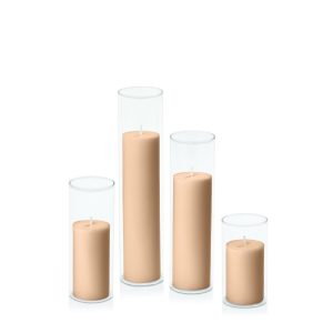 Centrepiece Sets | Toffee 5cm Pillar in 5.8cm Glass Set – Med Candles Centrepiece Sets