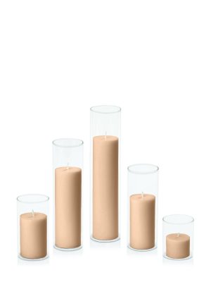 Centrepiece Sets | Toffee 5cm Pillar in 5.8cm Glass Set – Sm Candles Centrepiece Sets