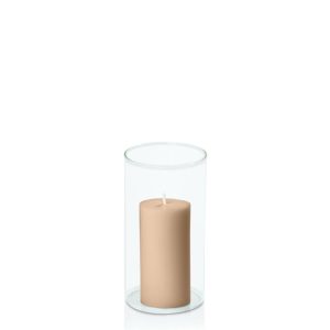 Centrepiece Sets | Toffee 5cm x 10cm Pillar in 8cm x 15cm Glass Candle & Glass Sets Centrepiece Sets