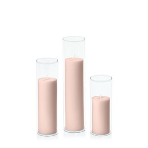 Centrepiece Sets | Vintage Blush 5cm Pillar in 5.8cm Glass Set – Lg Candles Centrepiece Sets