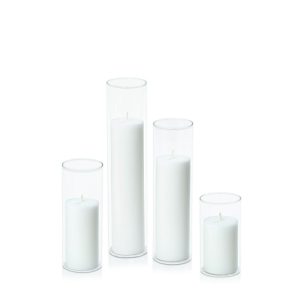 Centrepiece Sets | White 5cm Pillar in 5.8cm Glass Set – Med Candles Centrepiece Sets