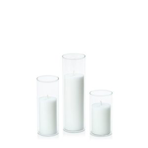 Centrepiece Sets | White 5cm Pillar in 5.8cm Glass Set – Med Candles Centrepiece Sets