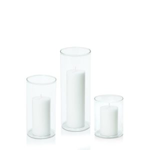 Centrepiece Sets | White 5cm Pillar in 8cm Glass Set – Sm Candles Centrepiece Sets