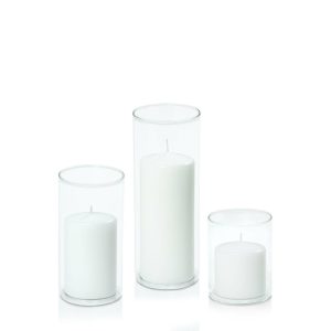 Centrepiece Sets | White 7cm Event Pillar in 8cm Glass Set – Sm Candles Candles