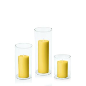 Centrepiece Sets | Yellow 5cm Pillar in 8cm Glass Set – Sm Candles Centrepiece Sets