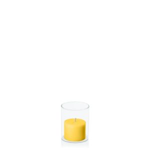 Centrepiece Sets | Yellow 5cm x 4cm Pillar in 5.8cm x 7cm Glass Candle & Glass Sets Centrepiece Sets