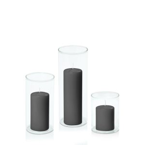 Event Candles | Black 5cm Event Pillar in 8cm Glass Set – Sm Candles Black