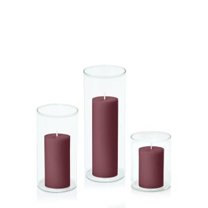 Centrepiece Sets | Burgundy 5cm Pillar in 8cm Glass Set – Sm Candles Burgundy