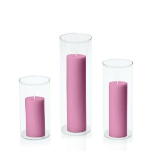 Centrepiece Sets | Rose Pink 5cm Pillar in 8cm Glass Set – Med Candles Centrepiece Sets