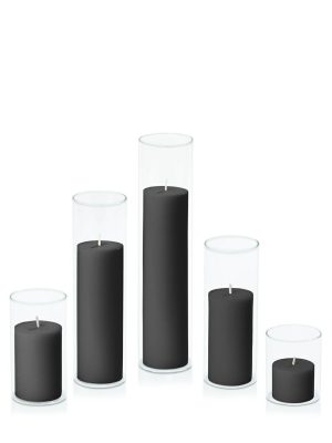 Centrepiece Sets | Black 5cm Pillar in 5.8cm Glass Set – Sm Candles Black