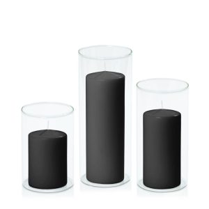 Candles | Black 7cm Event Pillar in 10cm Glass Set – Med Candles Black